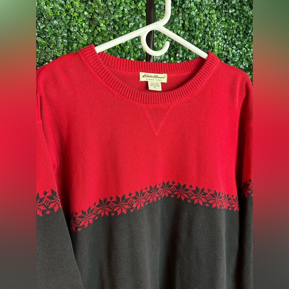 Vintage Eddie Bauer Snowflake Holiday Red/Black Color Block Sweater Size XL - Picture 3 of 5